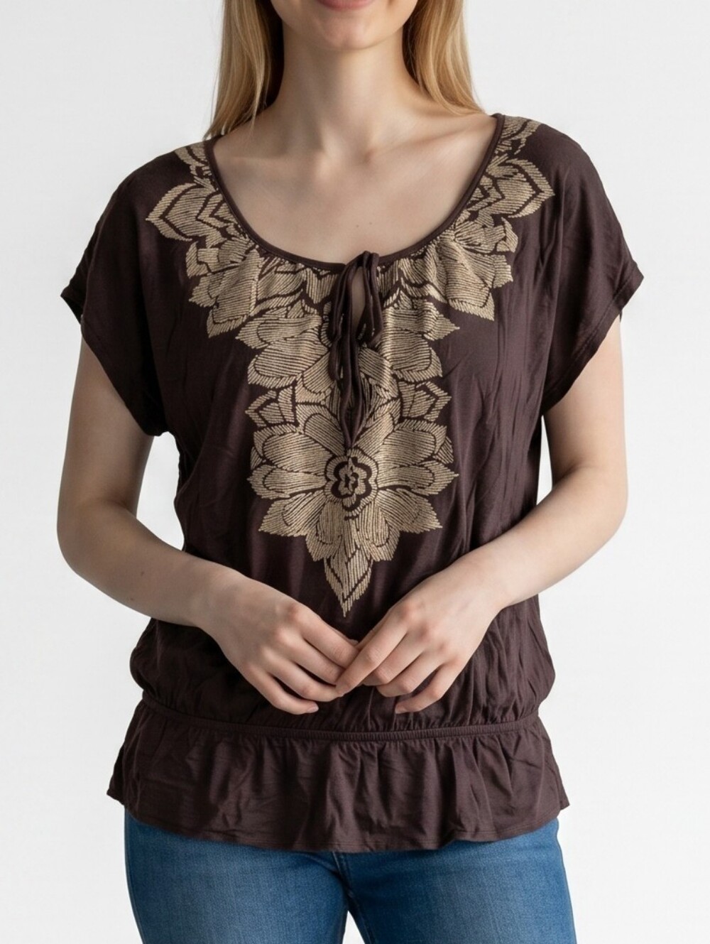 212 Collection Scoop-Neck Tunic with Cream Floral Appliqué and Tie